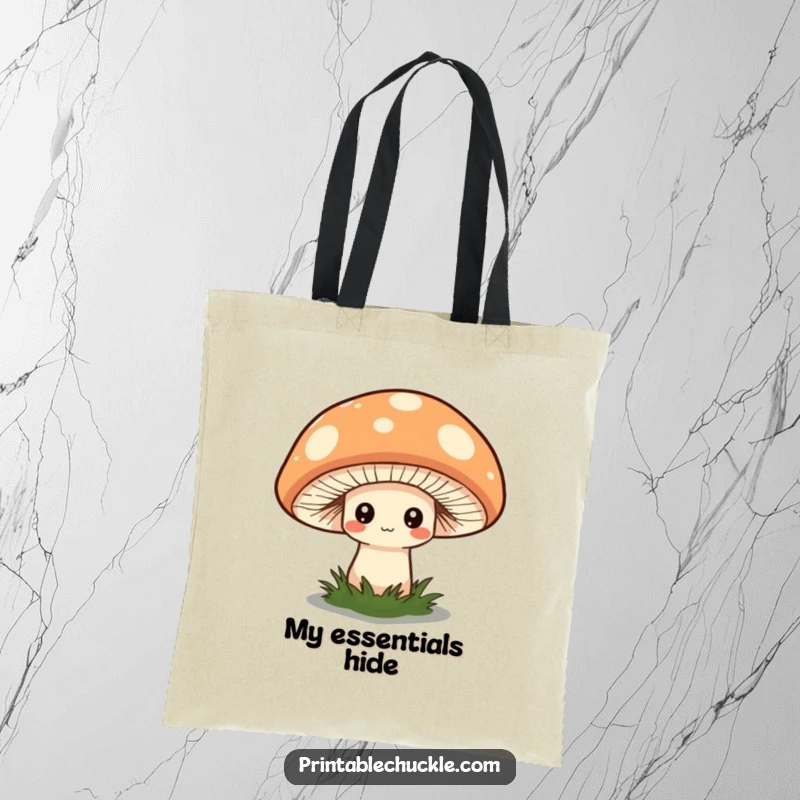 Funny tote bag with a shy mushroom hiding under a quirky hat, great for carrying essentials whimsically.