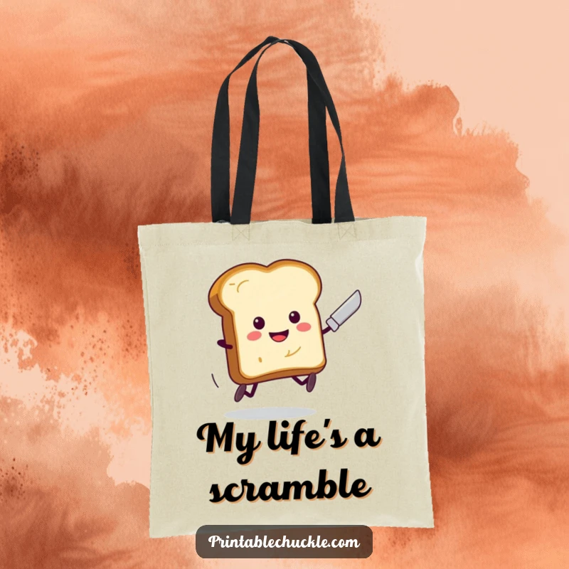 Funny Toast Running Butter Knife Tote Bag: A cartoon toast with legs sprints away from a butter knife, a humorous carry-all.
