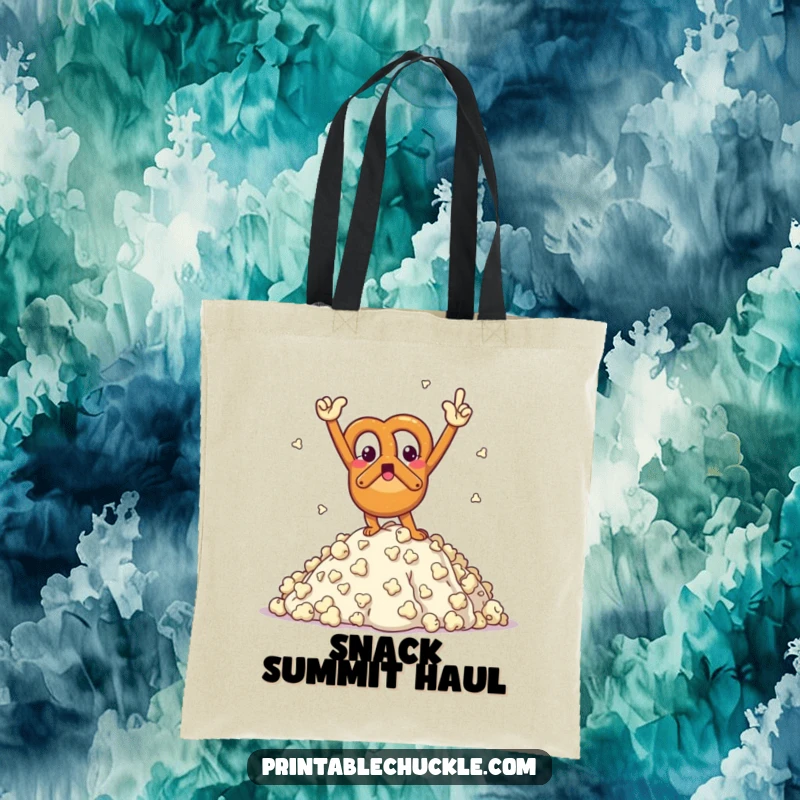 Funny tote bag featuring a triumphant pretzel character posing victoriously on a mountain of popcorn, great for carrying.