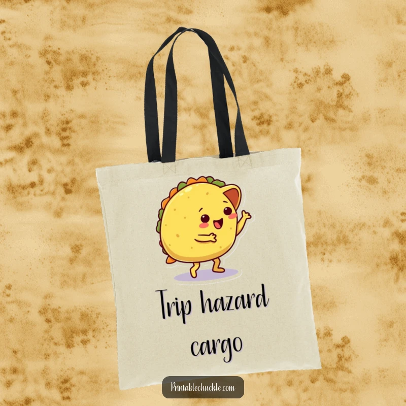 Funny tote bag featuring a dancing taco character comically tripping over its own shell, perfect for carrying essentials with a dose of food humor.