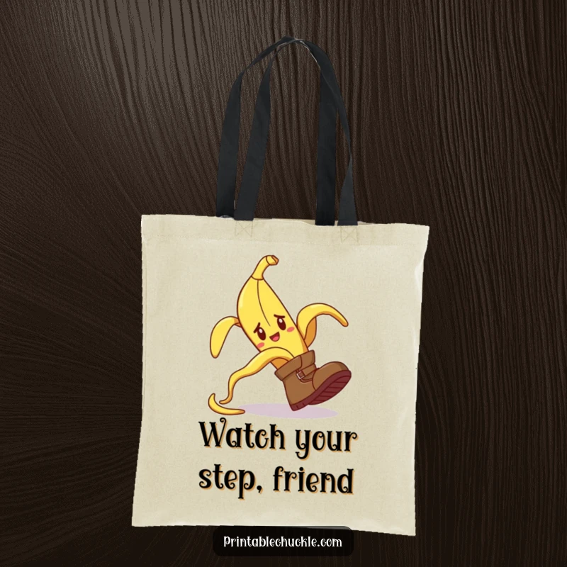Funny tote bag featuring a banana peel comically tripping a confused boot, a humorous and practical accessory.